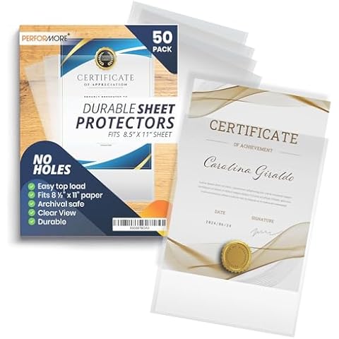 Performore 50 Clear No Hole Sheet Protectors, 8.5" x 11", Plastic Sheet Sleeves, Top Loading Paper Protector, Archival Safe for Documents and Photos Cover