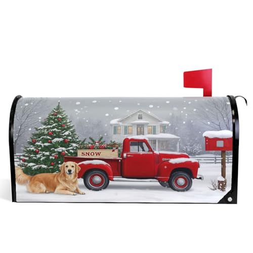Image of Christmas Tree Red Truck Magnetic Mailbox Covers Winter Snow Golden Retriever Dog Mailbox Cover Standard Size Full Magnet Garden Yard Porch Mail Boxes Cover Holiday Decorations 21 inch L x 18 inch W