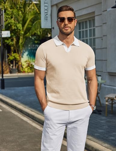 Image of COOFANDY Men's V Neck Short Sleeve Stretch Knit Polo Shirt
