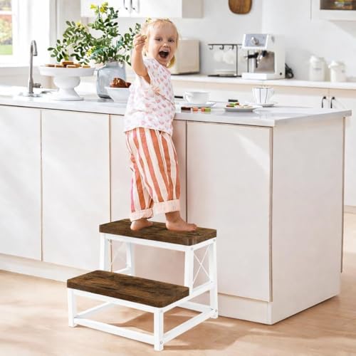 Image of 82984 Heavy Duty Wooden Step Stool for Adults, 2 Tier Heavy Duty Step Stool for High Bed with Non-Slip Feet, Using for Bedroom, Living Room, Bathroom and Kitchen (White)