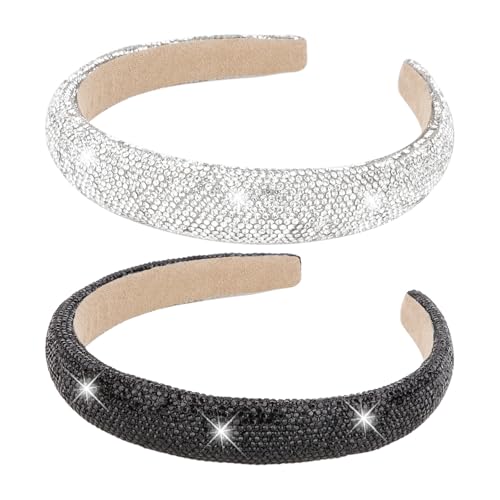Wecoe 2pcs Rhinestone Headbands Women Girls Sparkly Bling Diamond Silver Black Headband Fashion Comfortable Head Band Non Slip Birthday Wedding Formal Hair Accessories For Women Girls Gifts