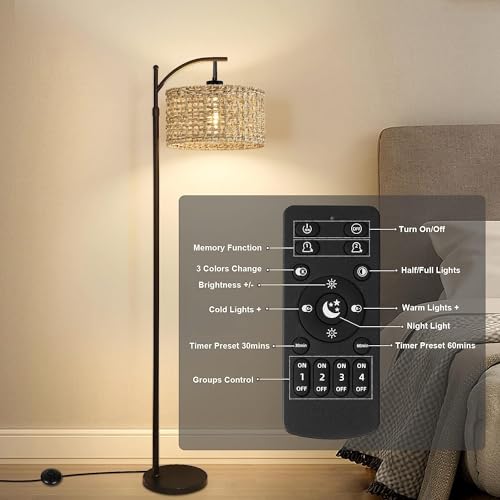 Image of Arc Floor Lamp for Living Room with Remote Control,Farmhouse Boho Floor Lamps with 3 Color Temperature,Rustic Standing Lamp with Rattan Wicker Shades,Adjustable Tall Lamp for Bedroom,Office,Reading