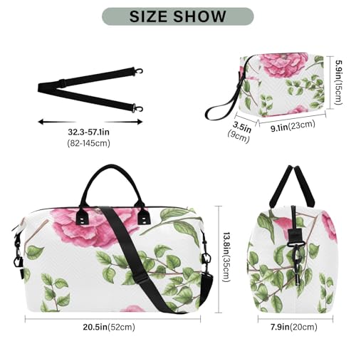 Romantic Watercolor Pink Flowers Travel Duffle Bag, Large Weekender Overnight Bags for Women Men Waterproof Carry on Shoulder Tote Bags for Hospital Maternity Mommy Gym with Toiletry Bag3