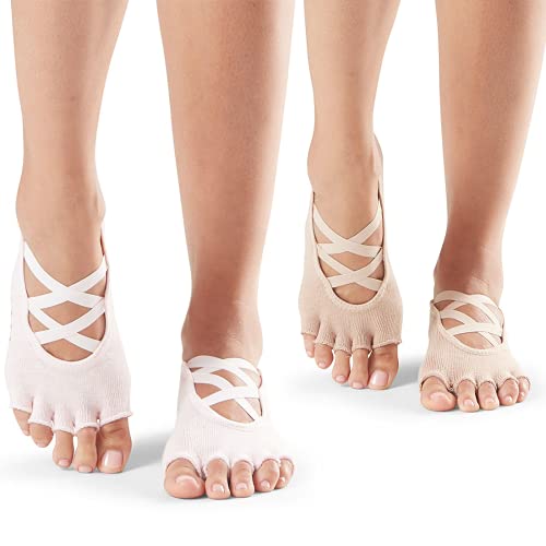 Toesox Elle - Calcetines antideslizantes para pilates Barre Yoga, Rosa y Nude, paquete de 2, M Cover
