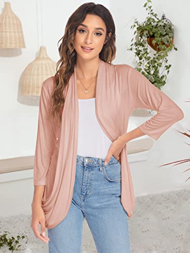 Image of Women Casual Lightweight Cardigan 3 /4 Sleeve Draped Open Front Soft Cardigans with Pockets