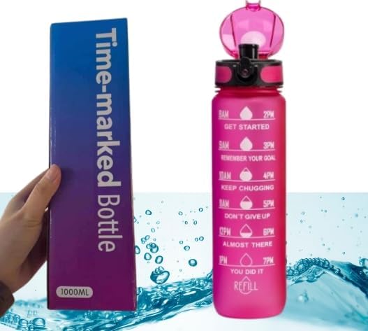 Water Bottle, 32 OZ, Motivational, Time Marker, Leak-Proof, BPA-Free, Tritan, Removable Strainer, For Work Gym Outdoor Sports (Red)