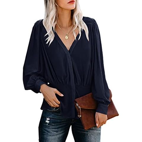 Gemijack Women Blouse V Neck Ruffled Chiffon Tops Empire Waist Long Sleeve Shirts Navy Cover