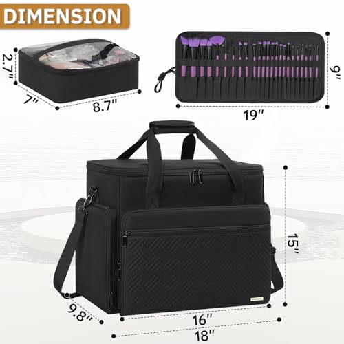 Extra Large Makeup Case with 4 Removable Pouches, Professional Make up Train Case, Travel Cosmetic Bag for Hairstylists Nail Tech Makeup Artist with Shoulder Strap and Handle (Black)2