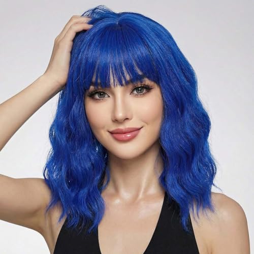 Image of Pastel Blue Wavy Bob Wig for Women, Short Shoulder Length Synthetic Wig with Bangs, Natural Looking Lightweight Hairpiece for Daily Wear & Cosplay Costume Party