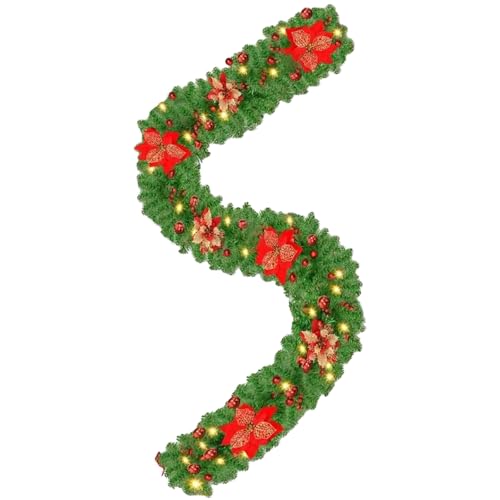 Décorations de Noël Guirlande 2.7m avec Fleurs Rouges et Dorées, Boules Rouges - Décoration Murale/Porte/pour Arbre de Noël - Nécessite 3 Piles AA (Non Incluses)