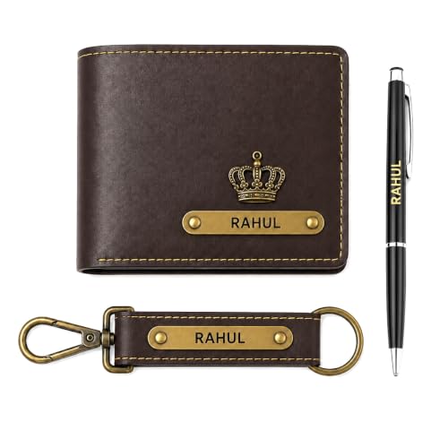 Image of B'Code Personalized Name & Charm Leather Wallet Mens Combo Giftset | Customized Birthday Anniversary Wedding Engagement Office Gifts for Man| Gift for Men| Brothers Raksha Bandhan Present (Brown)