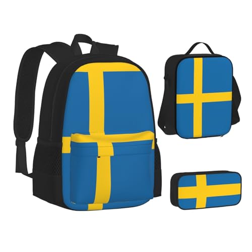 WURTON Swedish Flag Print Shoulder Backpack 3 In 1 Bookbag Set Lunch Box Pencil Case Travel Laptop Daypacks2