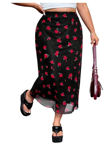 WDIRARA Women's Plus Size Floral Bodycon Skirt Elastic Waist Mesh Lettuce Trim Long Skirts