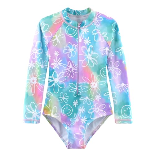 Kids Girls Rash Guard Long Sleeve One Piece Swimsuits Zipper Bathing Suits UPF 50+ Tropical Plant Flowers Ages 3-12