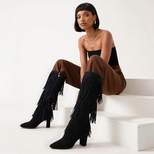 Image of Knee High Boots Women Fold Over Boots Chunky Heel Pointed Toe Tall Boots | Fashion Slouchy Boots,Side Zipper Shark Boots,Fall Spring Winter Fashion Dress Tall Boots,Evening Bridal office Long Boots