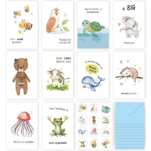 10 Pcs Funny Thank You Cards with Envelopes and Stickers Cute Animal Pun Blank Greeting Card Set Assorted Appreciation Notecards for Birthday Baby Shower Christmas Wedding