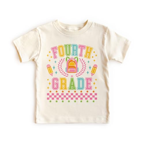 Preppy Fourth 4th Grade Shirts For Girls - Back To Elementary School Pencil Backpack Outfit - Cute Gift For First Day Of School Announcement - Natural Toddler & Youth T-Shirt