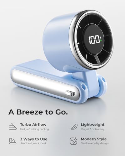 Image of Portable Handheld Turbo Fan - 5 Gear High Speed 4000mAh Rechargeable Mini Personal Hand Fan Blow Cold Air, Battery Operated Travel Essentials, Gifts for Women, Men (Dew Drop Blue)