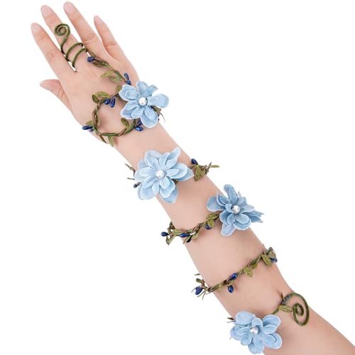 FRESHME Fairy Flower Arm Wrap - 1 PC Blue Floral Elven Bracelet with Wrap Ring Renaissance Costume Fairy Outfit Woodland Mother Nature Fantasy Cosplay Renfaire Wedding Prom Accessories
