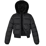 solomate Womens Winter Hooded Cropped Puffer Coats Long Sleeve Fleece Lined Jackets Quilted Short Outwear Black L
