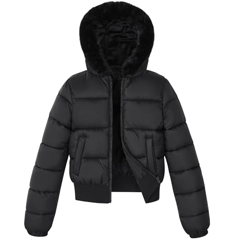 solomate Womens Winter Hooded Cropped Puffer Coats Long Sleeve Fleece