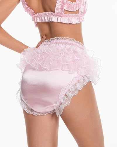 Satini Sissy Frilly Ruffled Lace Silky Satin Full Coverage Organza Adult Diaper Cover Briefs Lingerie Underwear Panties4