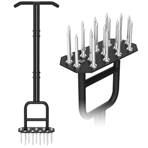 Lawn Aerator Spike Aeration Tool, Manual Air Aerator Tool for Lawn with Iron 18 Spikes, 38.8 Inch Hand Aerator for Grass, Yard, Heavy Duty Lawn Aerating Tool with Double-Pipe Handle, T-Grip, Black