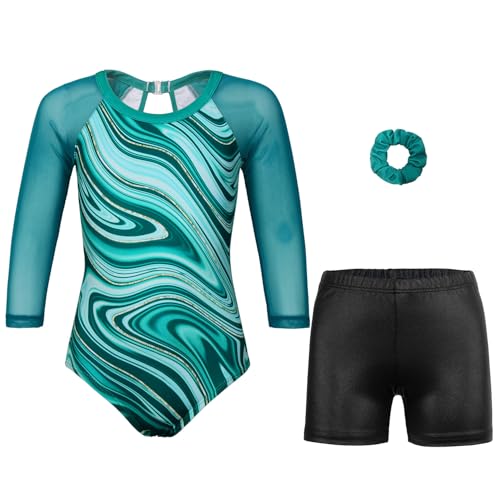 Gymnastics Leotards for Girls With Shorts Sparkly Ballet Dance Long Mesh Sleeve Turquoise Marble Set 10-11 Years