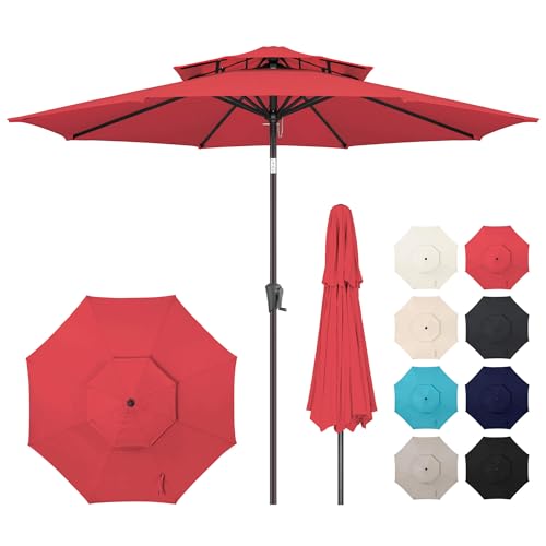 9ft Outdoor Patio Umbrella - 2 Tiers Table Umbrella Waterprool UV Protection, Sombrillas de Patio with Push Button Tilt&Crank, Sun Umbrella for Pool, Porch, Garden, Backyard(Red)