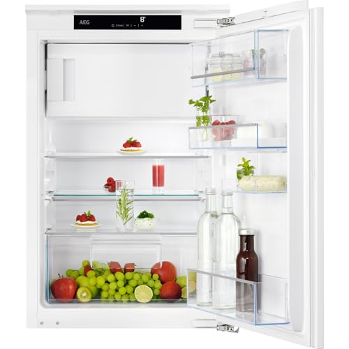 AEG Einbaukühlschrank mit Gefrierfach 88x56 cm, Serie 5000, 104 L Kühlen, zusätzlicher Stauraum mit teilbarer Glas-Ablage, Touch, LED-Beleuchtung mit Aufhellungseffekt, Festtür, D, TF5OS88WDF