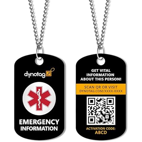 Dynotag SuperAlert™ Medical Alert Necklace for Men & Women | Smart Medical ID with Detailed Online Profile | Military Style Steel Medical ID with Detailed Online Profile, with Lifetime Subscription Cover