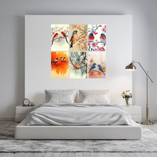 Image of SiddArtify Bird Wall Art Poster Print Set - Watercolor Bird and Blossom Prints for Living Room Bedroom Decor - 12x18 inch Board Pack of 6