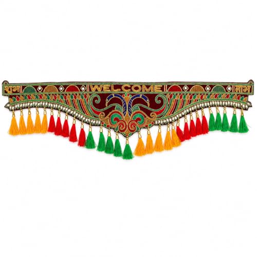 Image of ONESTA Welcome Shubh Labh Door Toran for Main Door | Traditional Handmade Decorative Bandarwal with Colorful Tassels & Embroidery | Door Hanging for Diwali Navratri Wedding Housewarming & Pooja Decor 3 Feet (Size 36 Inch Pack 01)
