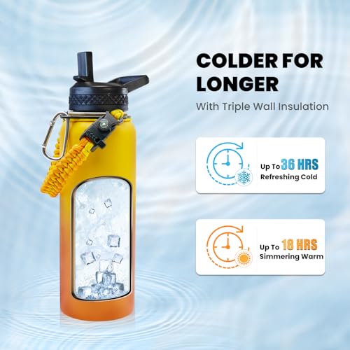 Image of RAYMYLO Insulated Water Bottle 40 oz, Triple Wall Vacuum Stainless Steel (Cold for 36Hrs, Hot for 18Hrs), Leak Proof & Non-BPA, Modern Water Flask Jug with Paracord Handle & Straw Spout Lids