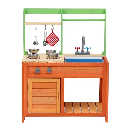 Wooden Kids Play Kitchen, Outdoor Mud Kitchen with Removable Sink and Faucet, Stove Top, Storage Shelves, Fun Backyard Pretend Kitchen Playset, Gift for Boys and Girls 3+