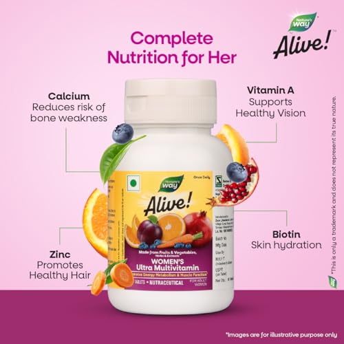 Image of Nature's Way Alive Women's Ultra Multivitamin - Daily Whole-Food Nutrition from 32+ Fruits & Veggies | Hormone, Immunity & Metabolism Support | Digestive Enzymes | 100% RDA of 19+ Vitamins & Minerals | 60 Tablets
