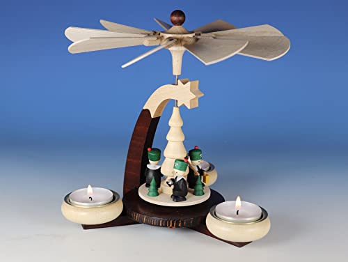 Kunsthandwerk Ullrich Pirámide de tealight, diseño de minero, color marrón oscuro/natural, para 3 velas de té, 19,5 x 19 cm, pirámide de madera