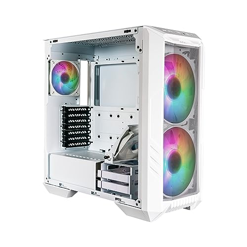 Cooler Master HAF 500 White Boîtier Moyen Tour PC, 2 Ventilateurs 200mm ARGB pour Flux d'air Élevé, Ventilateur GPU 120mm Orientable, Options de Refroidissement Multiples, Panneau Verre Trempé, Blanc