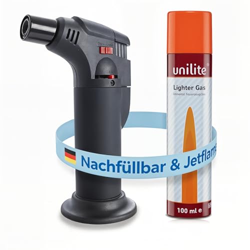 UNILITE Feuerzeug MIT Gas – Sturmfeuerzeug Gas Brenner mit Jet Flamme – nachfüllbar – 100 ml Nachfüllgas im Set – Jetflame – Nachfüller – Elektronik Feuerzeug – In 4 Farben erhältlich (Schwarz)
