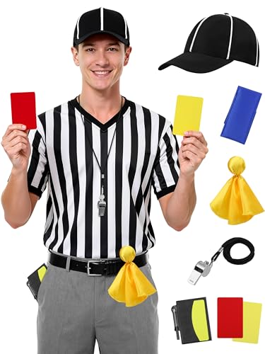 SOMSOC 6Pcs Referee Costume Set, V-Neck Referee Shirt Cards Hat Penalty Flag Whistle Sandbag for...