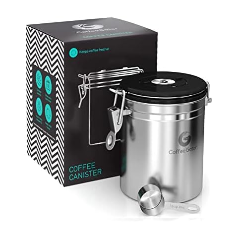Coffee Gator Airtight Coffee Canister (Small 0.9 L) - Stainless Steel Coffee Bean Container with CO2 Valve & Date Display in Lid - Aroma-Proof - With Measuring Spoon Cover