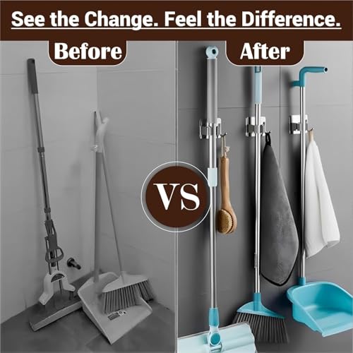 Image of JD FRESH 1 Pcs Stainless Steel Mop & Broom Holder Wall Mount with Hook /No Drill Anti Slip Sticky Waterproof Self-Adhesive Broom Hanger Stand Organizer for Kitchen, Garden, Bathroom, Garage (Grey)