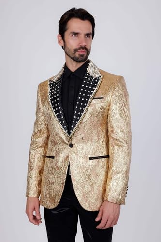 Barabas Men's Shiny Crystals Beads Rhinestone Peak Lapel Blazer 2EBL11 Gold 2XL3