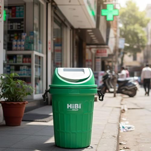 Image of HiBi Dust Bins - 75 Litre Swing Bin | Large Outdoor Waste Bin | Heavy Duty Garbage Container | Durable Plastic Trash Can for Home, Office, Hospitals, Public Areas (Green Colour)