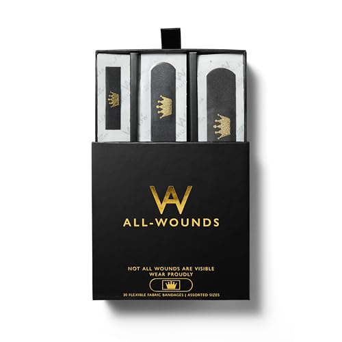 ALL-WOUNDS Crown Bandages | Flexible Fabric Adhesive Bandages | for Minor Cuts and Scrapes or Whenever | Assorted Sizes | 30 Count (Black)