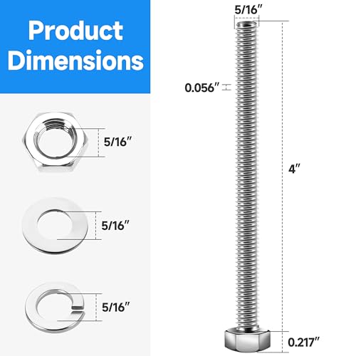 Image of (6 Sets) 5 /16 Bolt, 5 /16-18 x 4 inch Hex Head Screws Nuts and Bolts Kit with 5 /16 Stainless Steel Bolts, Nuts Washers Assortment, Fully Threaded by Marysino