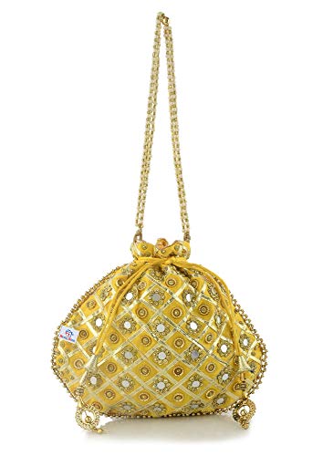 Image of Heart Home Silk Traditional Mirror Work Clutch Potli Batwa Pouch Bag for Women /Girls (Gold)-HEART11483