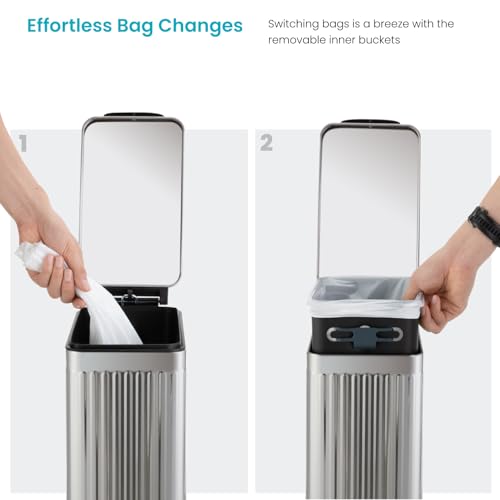 Image of Home Zone Living 3 Gallon Small Trash Can with a Step Pedal Lid | Stainless Steel with Slim Fit Design, Soft-Close Lid for Offices, Bathrooms, Bedrooms and Dorms, Reeded Style Finish, Silver