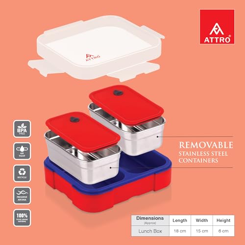 Image of ATTRO Admire 2 Insulated Lunch Box | 2 Removable Stainless Steel Containers with Lids | BPA-Free, Food Grade, Leak-Proof| Ideal for School, Office & Outdoor Use| 800ml, Cherry Red