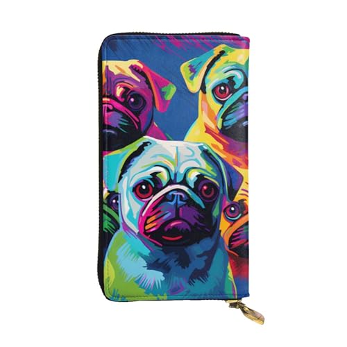 Multiple Dogs Pop Art Pugs Prints Leather Long Clutch Wallet for Fashionable Girls and Women - Durable, Stylish, and Functional, Black, One Size